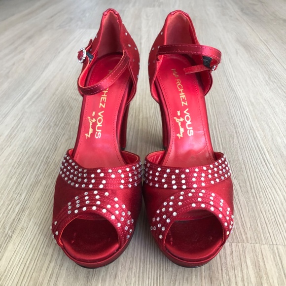 Marchez Vous Red Heels with Rhinestones and Ankle Strap, Size 6 - Picture 2 of 13